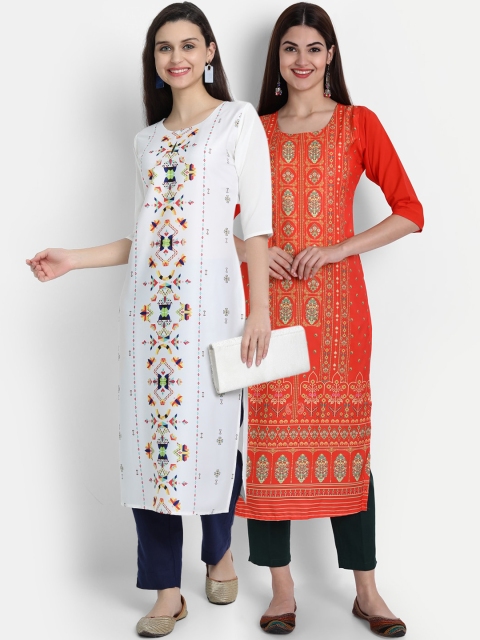 

7Threads Women Pack Of 2 Digital Print Straight Kurtas, White
