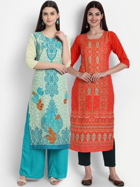 

7Threads Women Pack of 2 Blue & Orange Ethnic Motifs Printed Crepe Straight Kurta