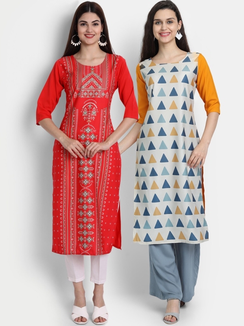 

7Threads Women Pack Of 2 Digital Print Straight Kurtas, Red
