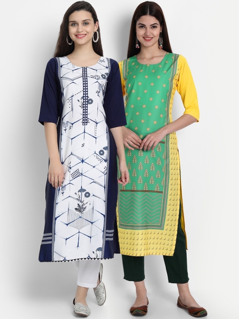 

7Threads Women Pack Of 2 Digital Print Straight Kurtas, Blue