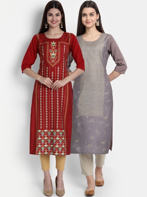 

7Threads Women Pack Of 2 Digital Print Straight Kurtas, Maroon