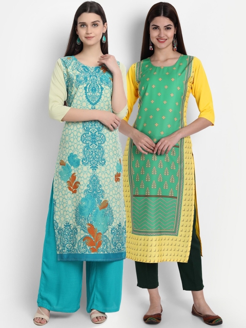 

7Threads Women Pack Of 2 Digital Print Straight Kurtas, Green