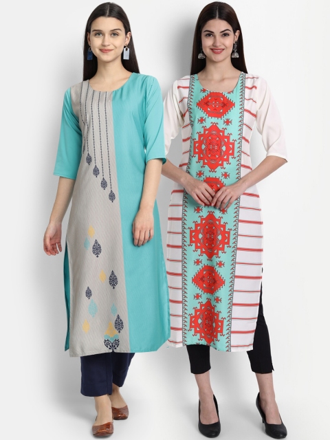 

7Threads Women Pack Of 2 Digital Print Straight Kurtas, Blue
