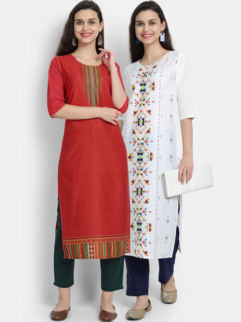 

7Threads Women Pack Of 2 Digital Print Straight Kurtas, Red