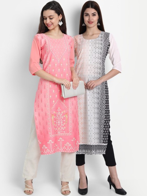

7Threads Women Pack Of 2 Digital Print Straight Kurtas, Pink