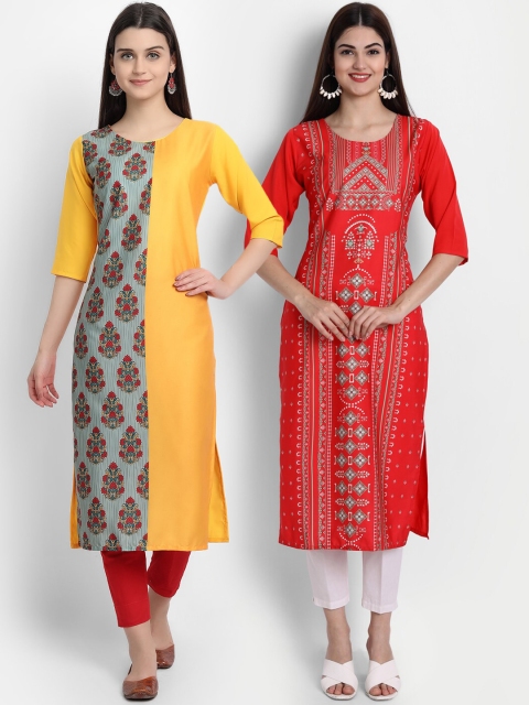 

7Threads Women Pack Of 2 Digital Print Straight Kurtas, Yellow