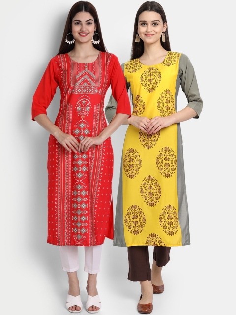 

7Threads Women Pack Of 2 Digital Print Straight Kurtas, Red