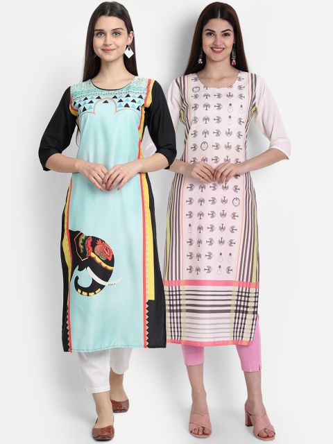

7Threads Women Pack Of 2 Digital Print Straight Kurtas, Blue