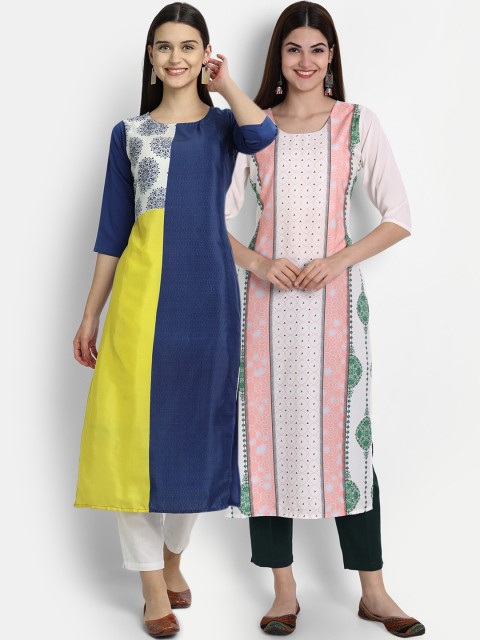 

7Threads Women Pack Of 2 Digital Print Straight Kurtas, Blue
