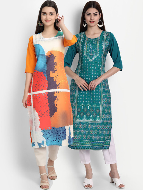 

7Threads Women Pack Of 2 Digital Print Straight Kurtas, Orange