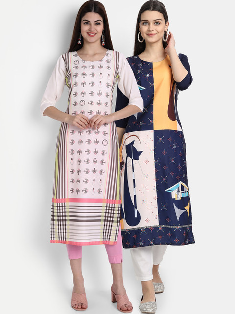 

7Threads Women Pack Of 2 Digital Print Straight Kurtas, Pink