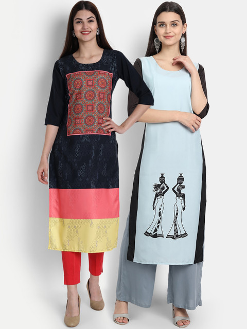 

7Threads Women Pack Of 2 Digital Print Straight Kurtas, Black