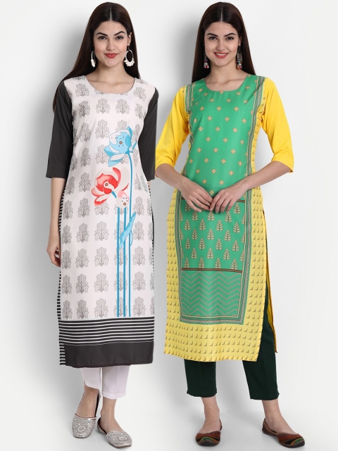 

7Threads Women Pack Of 2 Digital Print Straight Kurtas, White