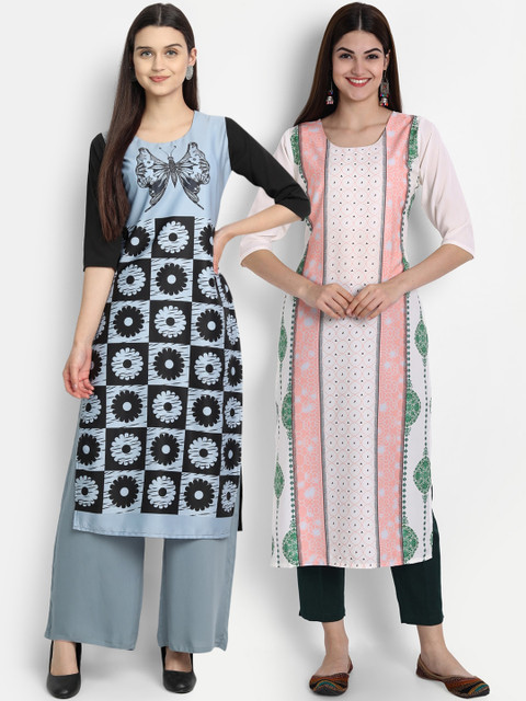 

7Threads Women Pack Of 2 Digital Print Straight Kurtas, Blue