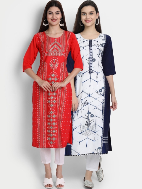 

7Threads Women Pack Of 2 Digital Print Straight Kurtas, Red