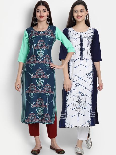 

7Threads Women Pack Of 2 Digital Print Straight Kurtas, Green