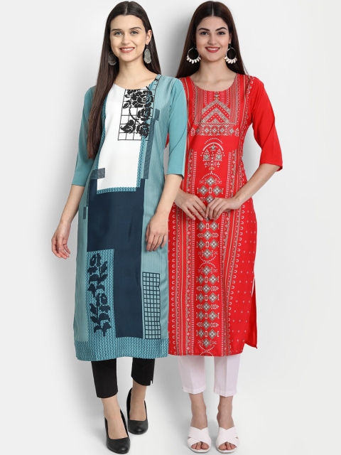 

7Threads Women Pack Of 2 Digital Print Straight Kurtas, Green