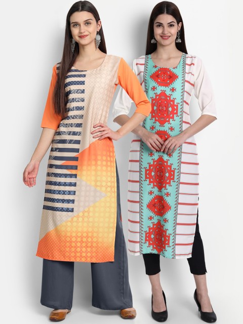 

7Threads Women Pack Of 2 Digital Print Straight Kurtas, Orange