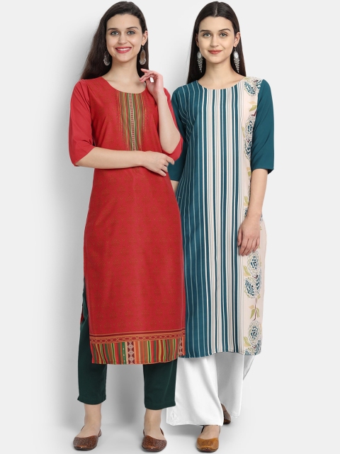 

7Threads Women Pack Of 2 Digital Print Straight Kurta, Rust