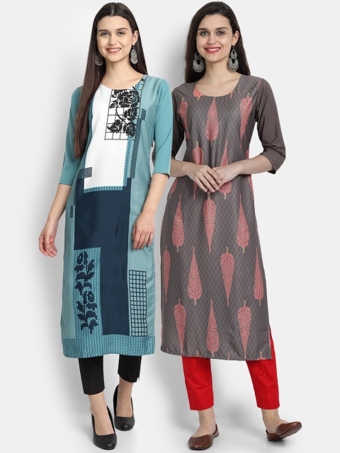 

7Threads Women Pack Of 2 Digital Print Straight Kurtas, Green
