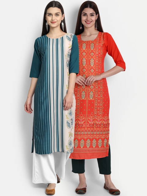 

7Threads Women Pack Of 2 Digital Print Straight Kurtas, Teal
