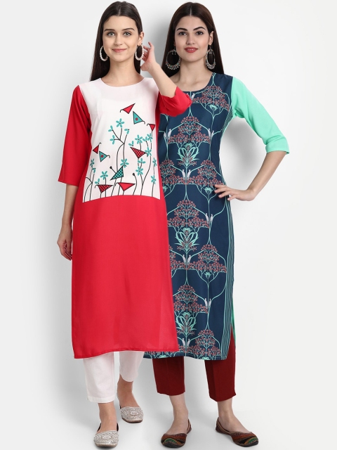 

7Threads Women Pack Of 2 Crepe Digital Print Straight Kurta, Red