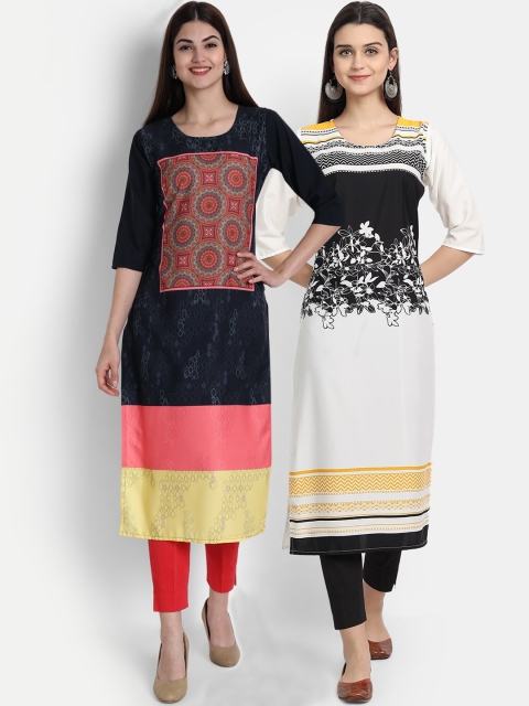 

7Threads Women Pack Of 2 Crepe Digital Print Straight Kurta, Navy blue