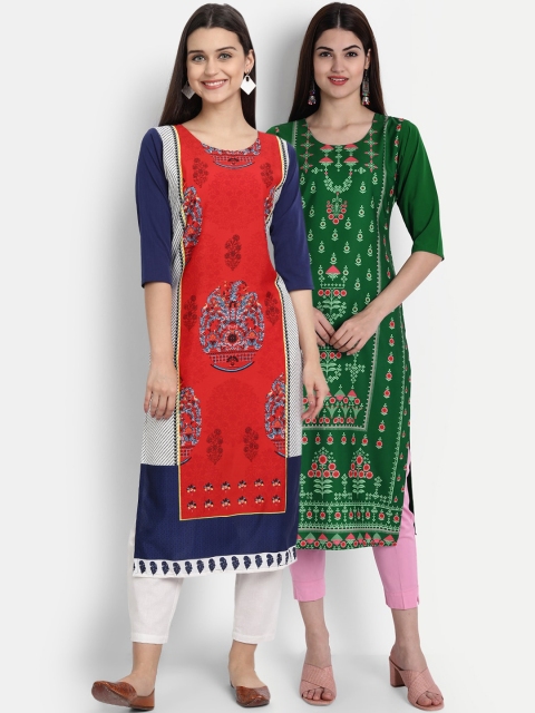 

7Threads Women Pack Of 2 Digital Print Straight Kurtas, Red