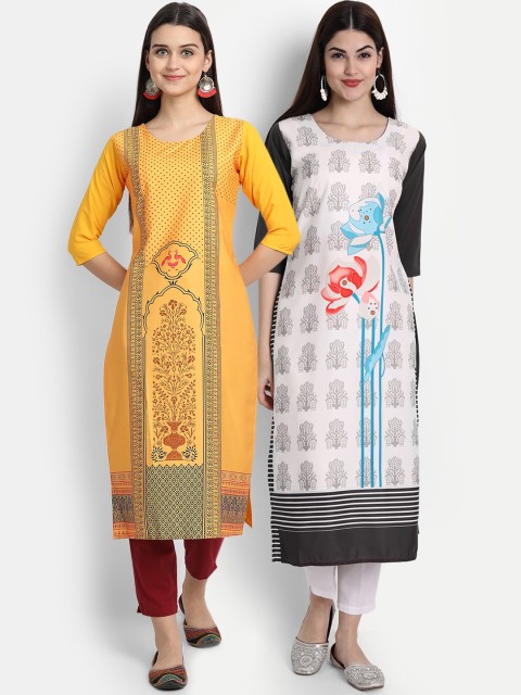 

7Threads Women Pack Of 2 Digital Print Straight Kurtas, Yellow