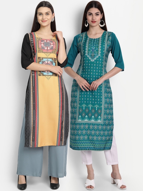 

7Threads Women Pack Of 2 Digital Print Straight Kurtas, Yellow