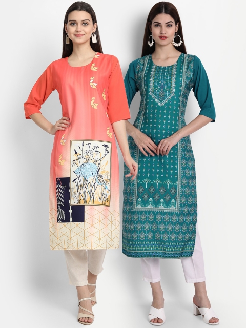 

7Threads Women Pack Of 2 Digital Print Straight Kurtas, Peach