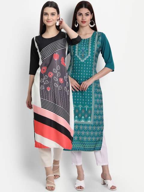 

7Threads Women Pack Of 2 Digital Print Straight Kurtas, Black