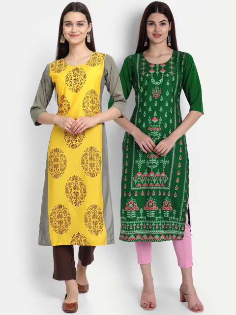 

7Threads Women Pack Of 2 Digital Print Straight Kurtas, Yellow