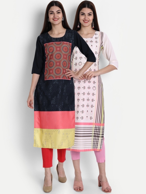 

7Threads Women Pack Of 2 Digital Print Straight Kurtas, Black