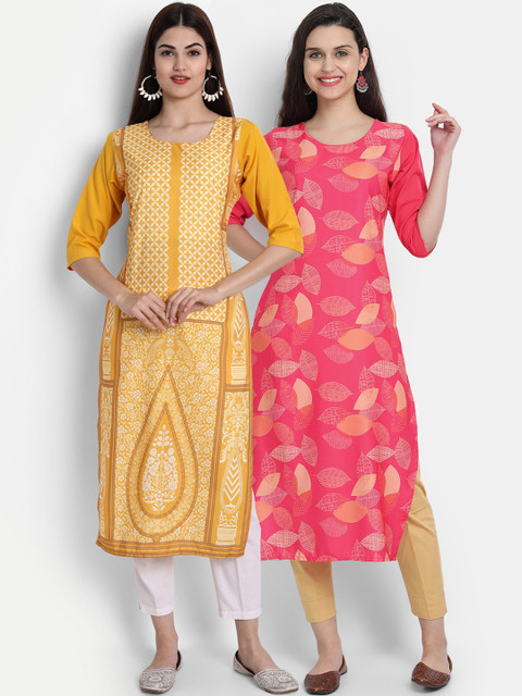 

7Threads Women Pack Of 2 Crepe Digital Print Straight Kurta, Mustard