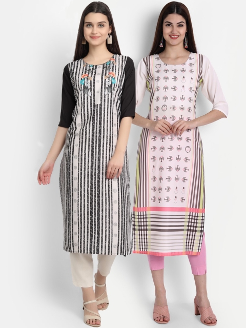 

7Threads Women Pack Of 2 Digital Print Straight Kurta, Black