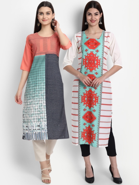 

7Threads Women Pack Of 2 Digital Print Straight Kurtas, Peach