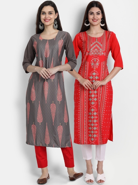 

7Threads Women Pack Of 2 Digital Print Straight Kurtas, Grey