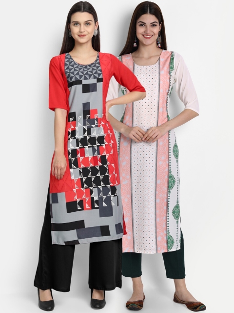

7Threads Women Pack Of 2 Digital Print Straight Kurtas, Red