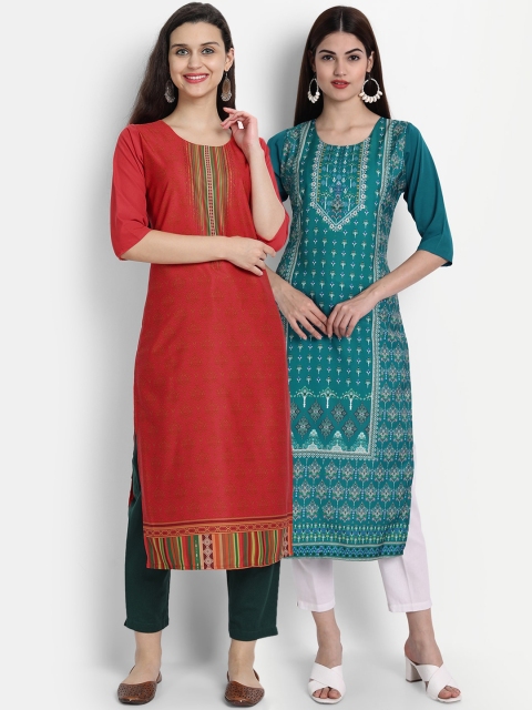 

7Threads Women Pack Of 2 Digital Print Straight Kurtas, Rust