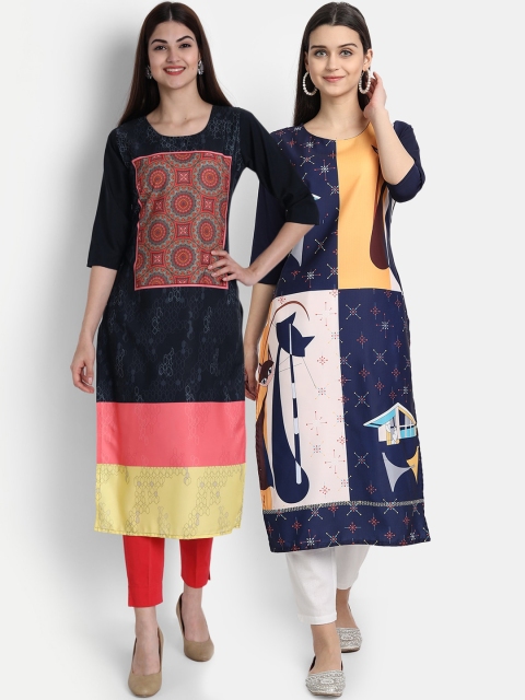 

7Threads Women Pack Of 2 Digital Print Straight Kurtas, Blue
