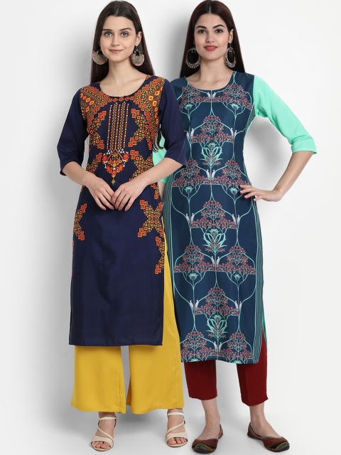 

7Threads Women Pack Of 2 Digital Print Straight Kurtas, Blue