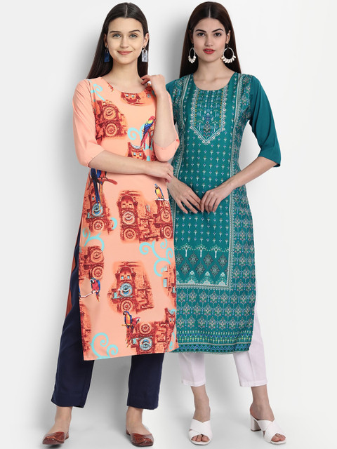 

7Threads Women Pack Of 2 Digital Print Straight Kurtas, Peach