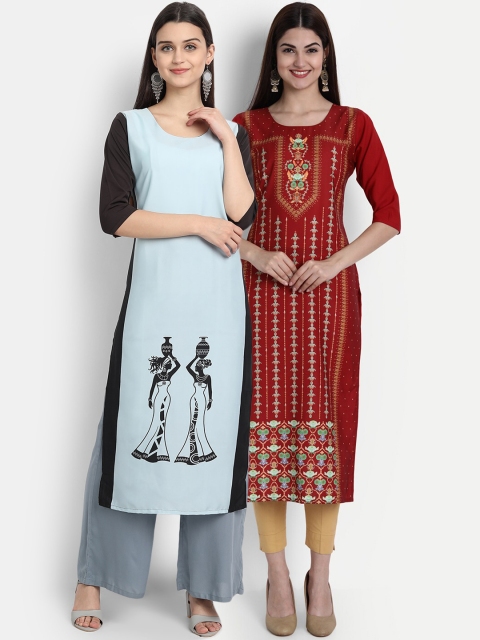 

7Threads Women Pack Of 2 Digital Print Straight Kurtas, Blue