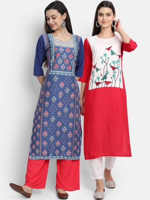 

7Threads Women Pack Of 2 Digital Print Straight Kurtas, Blue