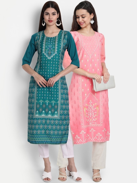 

7Threads Women Pack Of 2 Crepe Digital Print Straight Kurta, Green