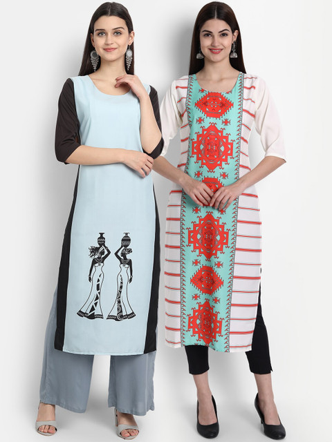 

7Threads Women Pack Of 2 Digital Print Straight Kurtas, Blue
