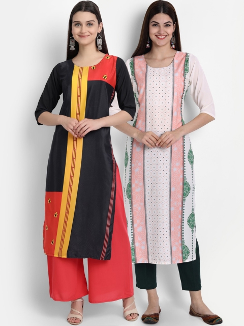 

7Threads Women Pack Of 2 Digital Print Straight Kurtas, Black