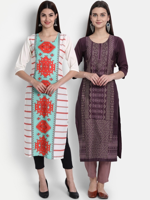 

7Threads Women Pack Of 2 Digital Print Straight Kurtas, White