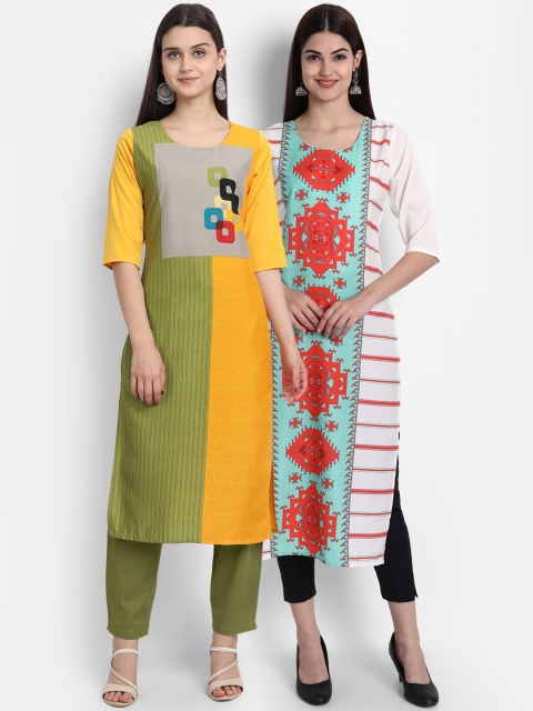 

7Threads Women Pack Of 2 Digital Print Straight Kurtas, Yellow